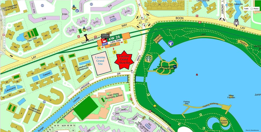 Lucerne Grand Showflat location map showing proximity to Lakeside MRT station, Lakeside Drive, and Jurong Lake Gardens in District 22 Singapore.
