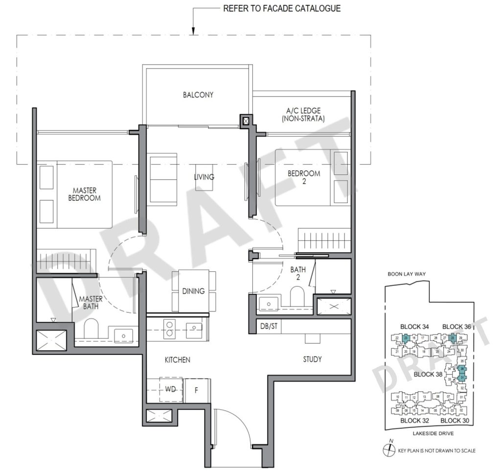 Floor plan layout of Lucerne Grand 2 Bedroom + Study condo unit showing living area, kitchen, balcony, and study room dimensions.