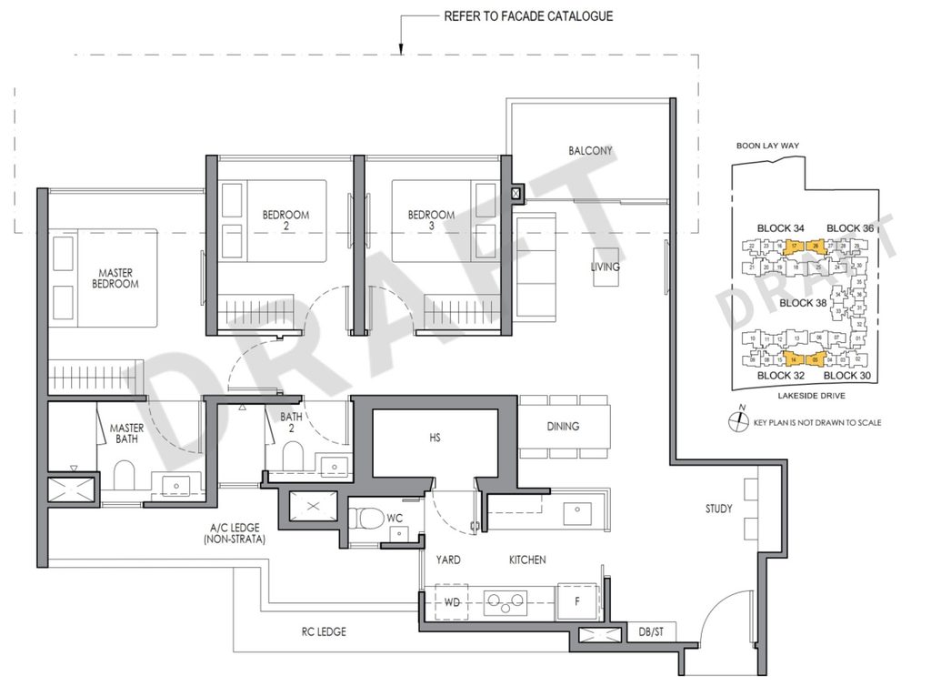 Floor plan schematic of Lucerne Grand 3 Bedroom Premium + Study condo unit showing bedrooms, study nook, kitchen, living, and dining layout.