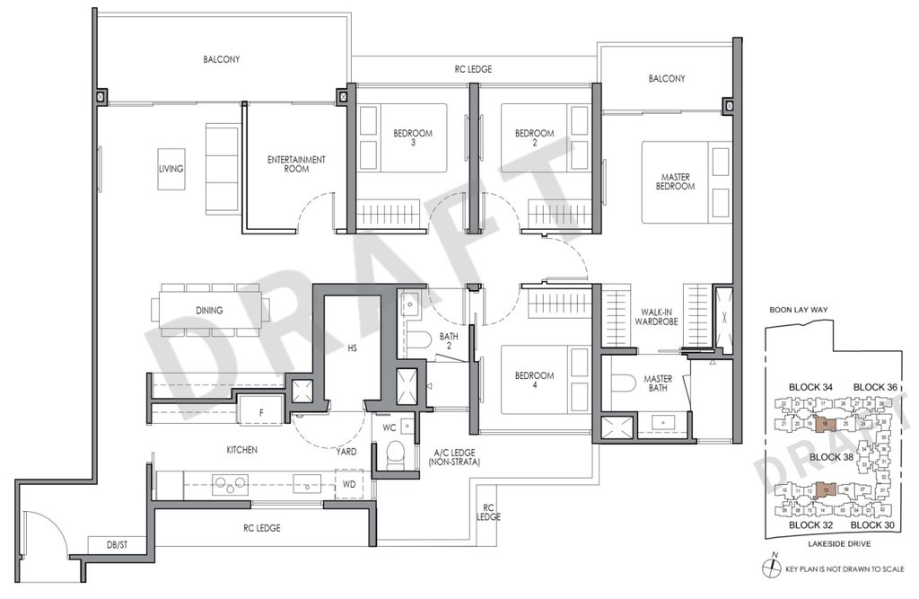 Floor plan layout of Lucerne Grand 4 Bedroom Premium + Entertainment condo unit featuring living area, entertainment room, balcony, bedrooms, and master suite.