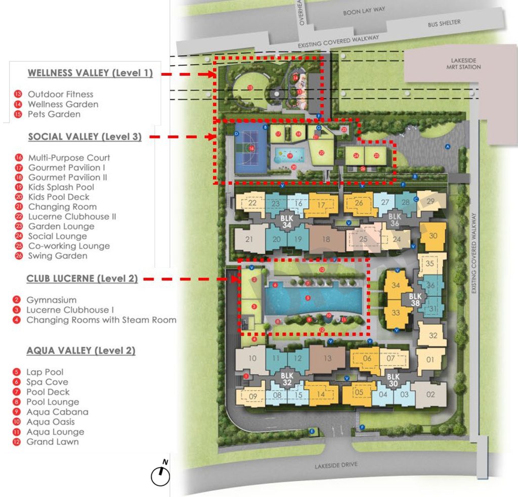 Lucerne Grand site plan layout map detailing residential blocks, 50m lap pool, clubhouse, and facilities at Lakeside Drive