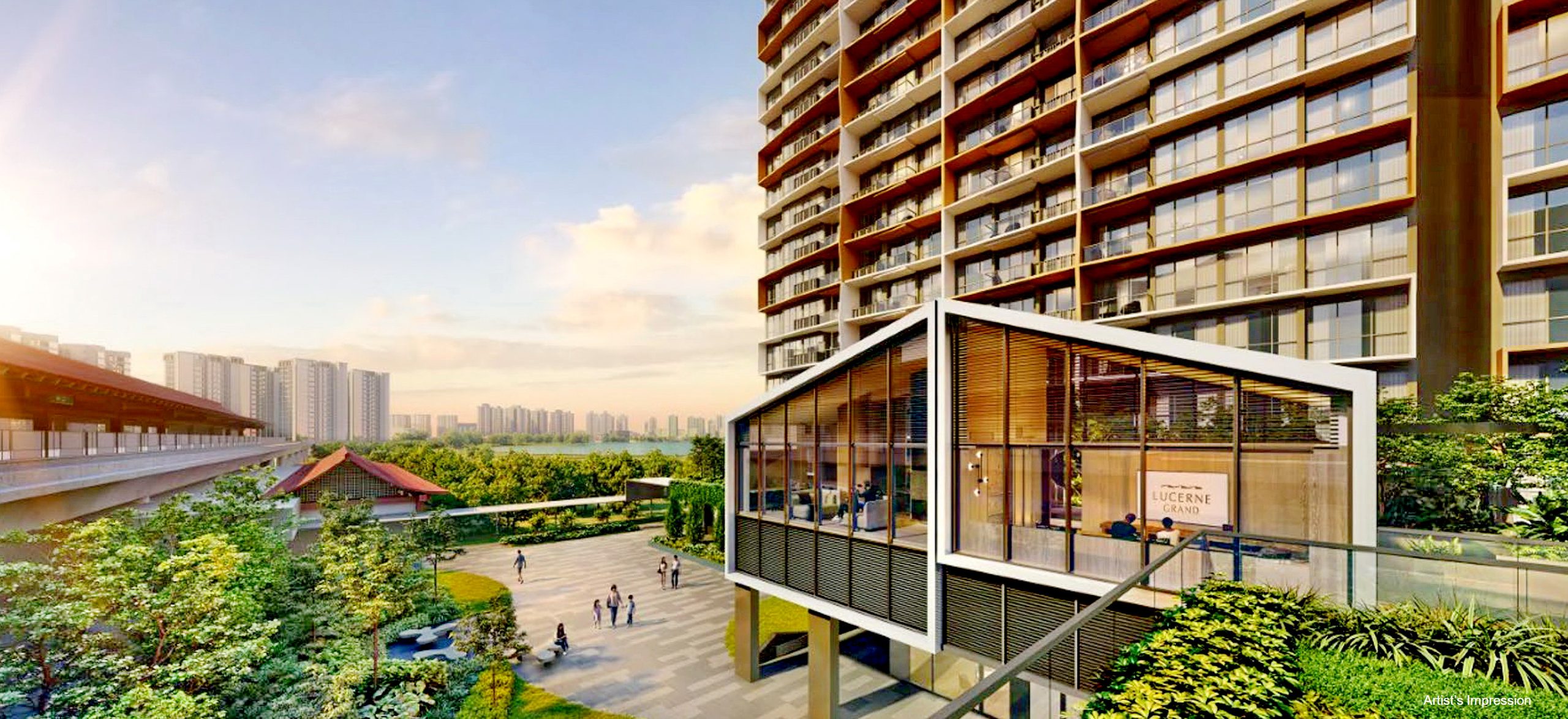 Lucerne Grand mixed-use facade facing Lakeside MRT featuring 3-tone color fade, mountain and lake inspired architecture, and balcony acoustic panels